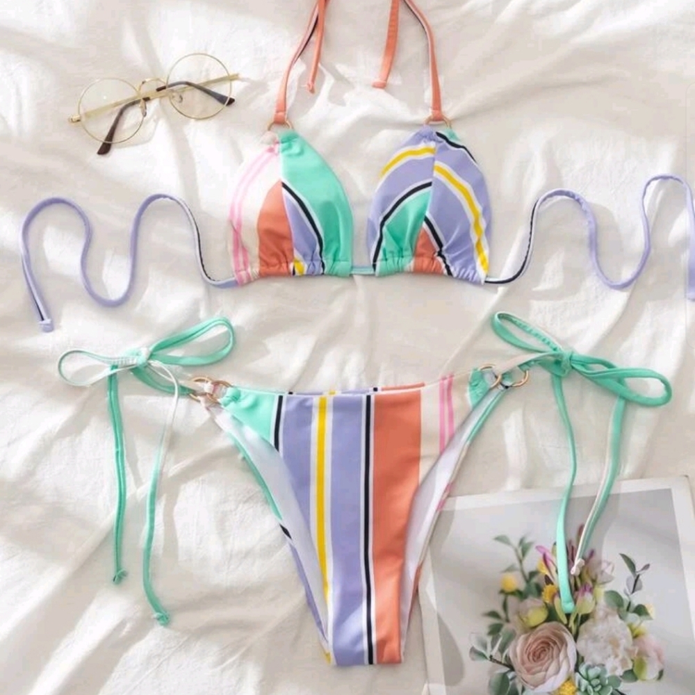 SOLD - Stripped triangle tie side bikini swimsuit